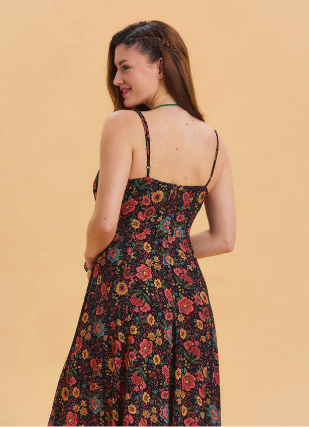 Thin Strap Waist Tie Black Floral Dress 4549